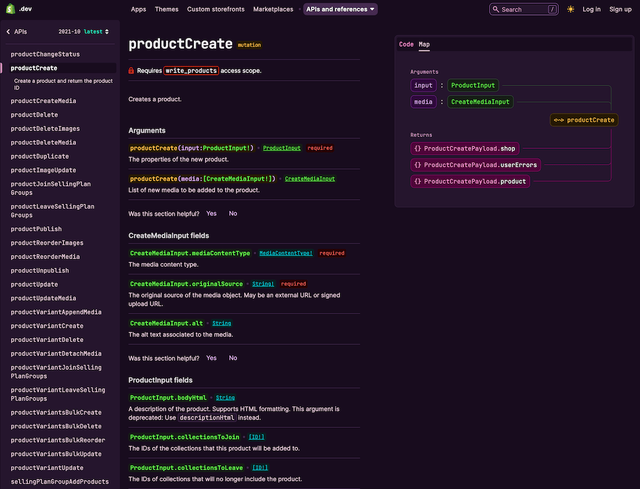 productCreate mutation API reference screenshot
