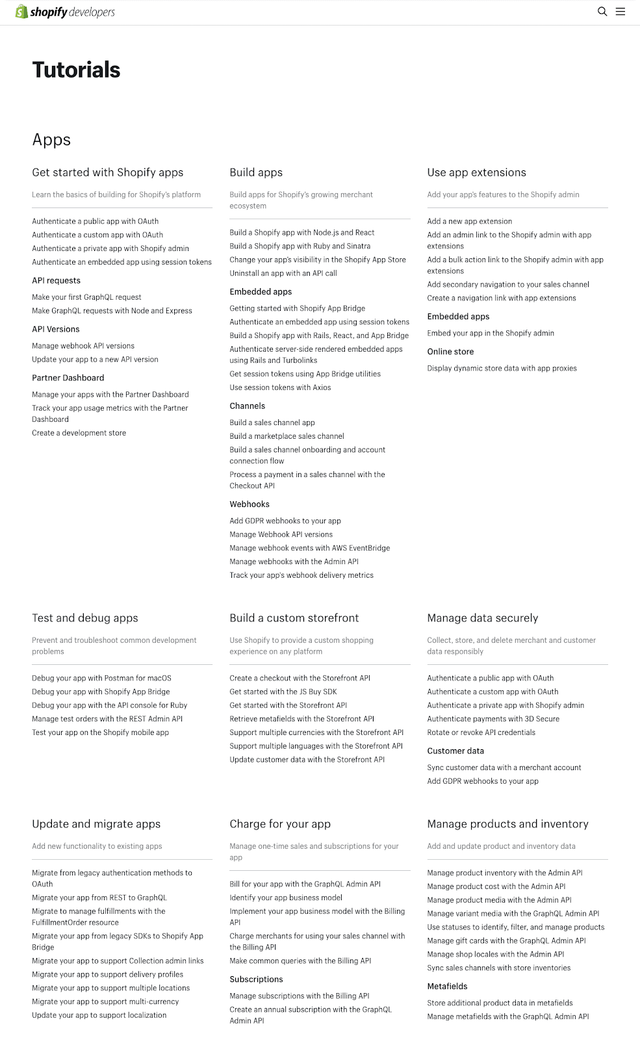 The Tutorials page of the original Shopify.dev.